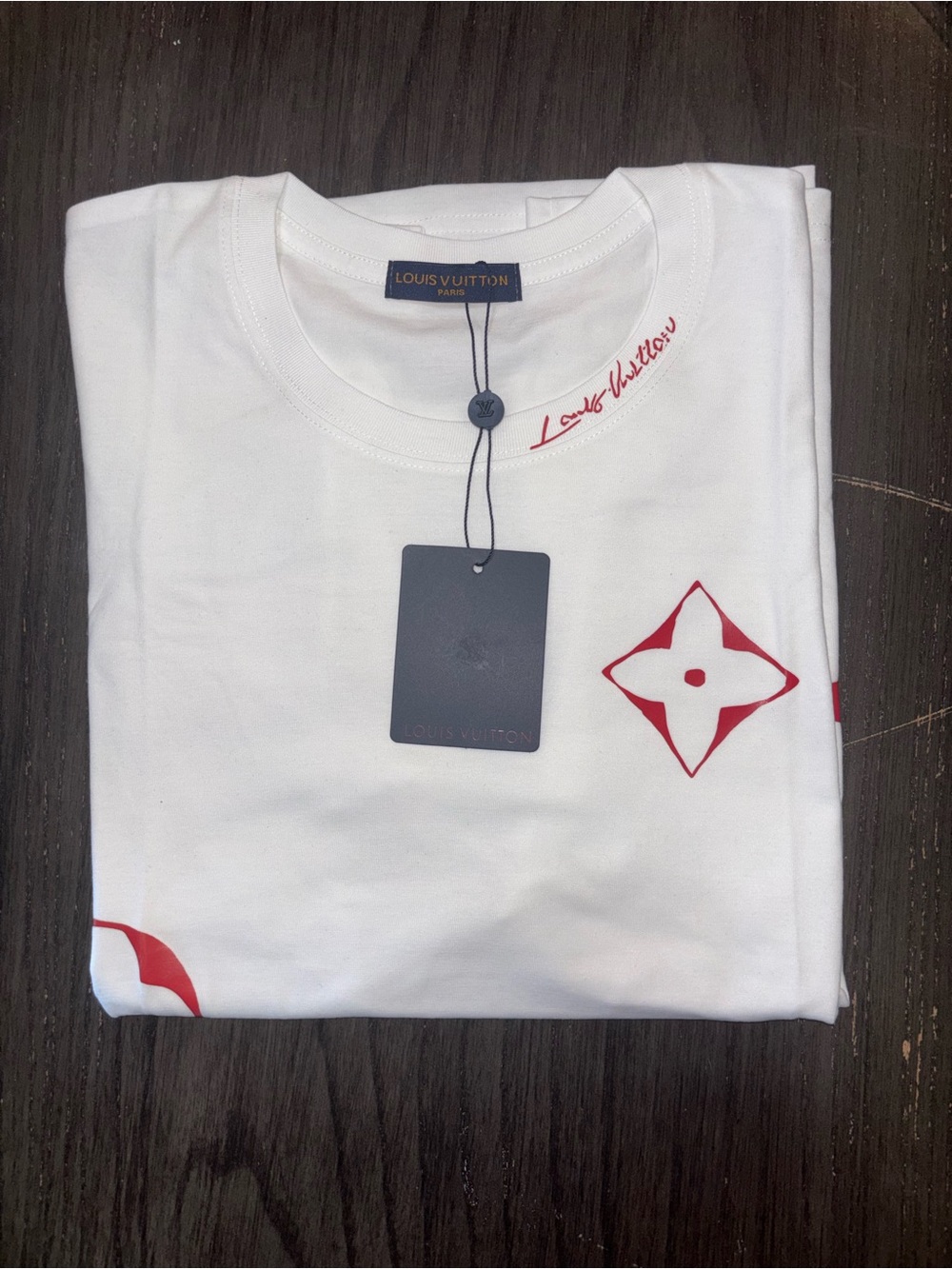 Louis Vuitton White Short Sleeve Tee with Red Monogram Motifs
